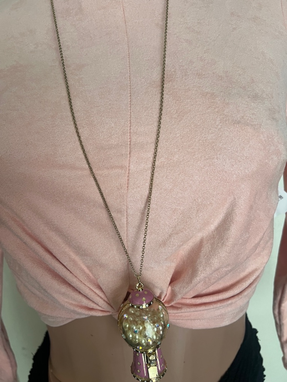 Betsey Johnson Gold Long Necklace with Pink and Gold Gumball Pendant